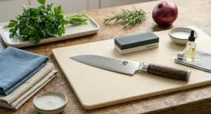 A Japanese santoku knife with a damascus pattern resting on a cream-coloured chopping board next to a dual-grit sharpening whetstone and camellia oil on a wooden tabl
