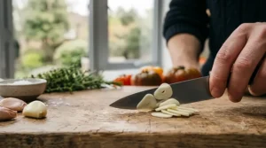 Close-up of a high-quality paring knife finely slicing garlic cloves on a wooden prep board.