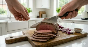 Slicing a tender, rare roast beef joint on a wooden chopping board using a sharp 8 inch chef knife for a traditional British Sunday roast dinner.
