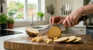 A chef using a heavy-duty western style santoku knife to cleanly slice through dense root vegetables on a domestic kitchen worktop.