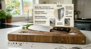 Diagram highlighting the high-quality stainless steel composition of a western style santoku knife blade, emphasizing its rust and stain resistance.