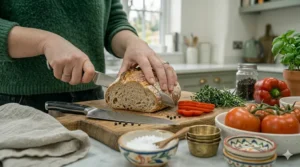 A collection of premium kitchen knives, including the best santoku knife, safely stored on a wall-mounted magnetic knife rack.