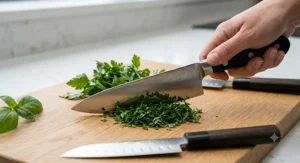 A hand demonstrating the rocking motion cutting technique with a classic European chef knife to finely chop fresh green herbs on a wooden board.
