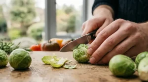 A home cook using a paring knife to trim the stalks and outer leaves of fresh Brussels sprouts.