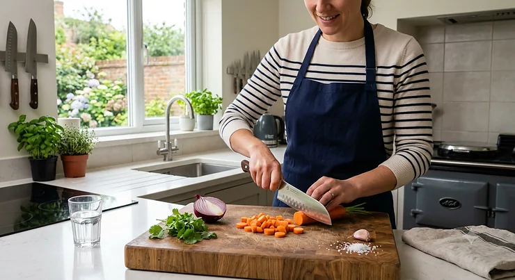 A premium western style santoku knife placed on a wooden chopping board next to fresh kitchen ingredients, showing its versatile double-bevel blade edge.