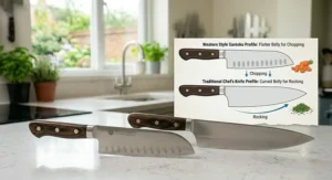 Comparison diagram showing the profile differences between a flatter western style santoku knife and a traditionally curved Western chef's knife.