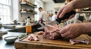 Trimming excess fat from a rack of British lamb using the precision tip of the best boning knife.