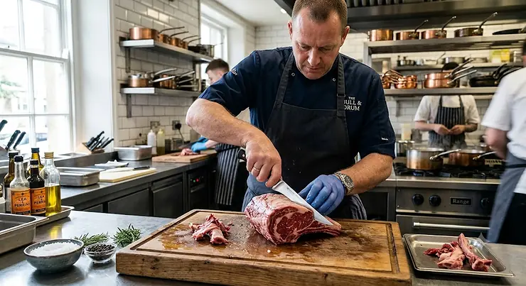 A professional chef using the best boning knife to debone a joint of meat on a wooden chopping board in a British kitchen.