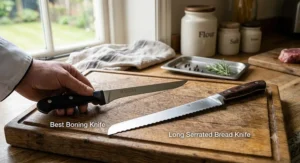 A side by side comparison showing the flexible straight edge of the best boning knife next to a long serrated bread knife.