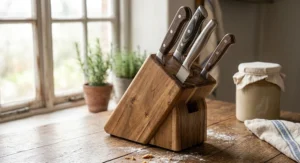 The best bread knife stored safely alongside other kitchen knives in a classic wooden knife block on a countertop.