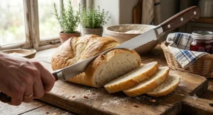 Slicing clean, even portions of a soft white bloomer loaf using the best bread knife for a family breakfast.