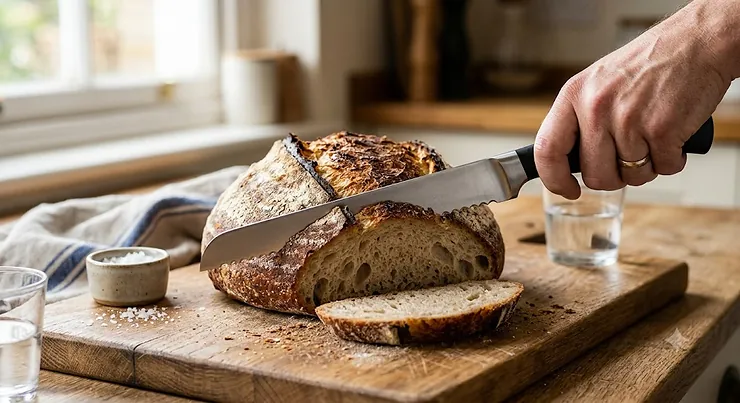 The best bread knife being used to slice a crusty, homemade sourdough loaf on a wooden chopping board.