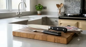 Close-up of the best carving knife alongside a matching carving fork on a modern British kitchen counter.