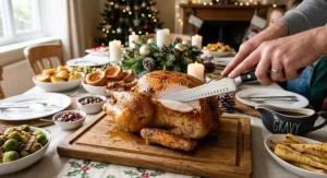 Carving a golden roast turkey for a festive Christmas dinner using the best carving knife in a UK home.