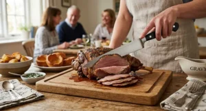 Slicing thin, perfect portions of a roast leg of lamb with the best carving knife for a family lunch.