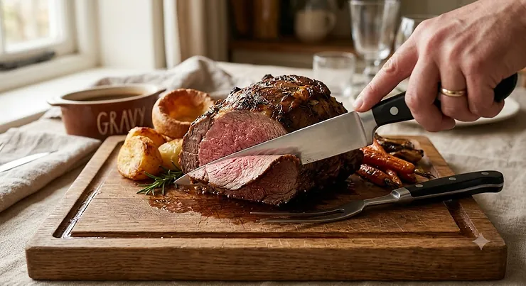 Slicing a traditional British Sunday roast beef joint on a wooden chopping board with the best carving knife.