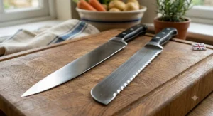 Comparing the smooth edge of the best carving knife with the scalloped edge of a serrated bread knife.