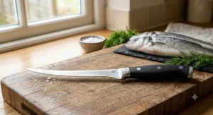 Close-up of a high-quality fish filleting knife with a flexible blade, perfect for preparing fresh seafood in a British kitchen.