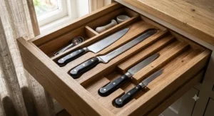 An offset bread knife stored safely alongside other kitchen knives in a wooden culinary drawer organiser.