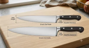 A detailed graphic illustration comparing the curved blade profile and heel height of an 8-inch versus a 10-inch chef knife for knuckle clearance.