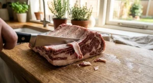 Close up of a sharp boning knife trimming excess fat and separating meat from beef rib bones.