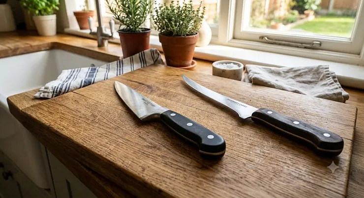 A comparison between a stiff British boning knife and a flexible fish filleting knife on a wooden chopping board. boning knife vs filleting knife