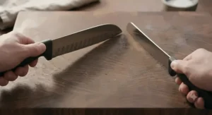 Illustration showing the flexible long blade of a brisket slicing knife alongside the firm, rigid spine of a serrated bread knife.