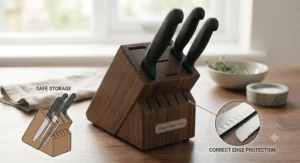 Illustration demonstrating correct maintenance and wooden block storage for a brisket slicing knife and serrated bread knife.