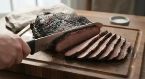 A long brisket slicing knife cutting neat, uniform slices of smoked beef brisket on a oak carving board.