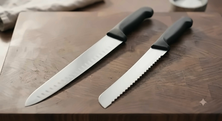 Side-by-side comparison of a long brisket slicing knife with a Granton edge and a serrated bread knife on a wooden chopping board.