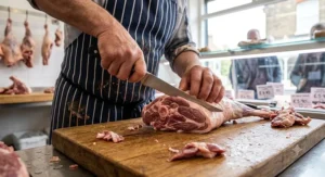 A British butcher expertly preparing a joint of lamb using a professional high carbon steel boning knife.