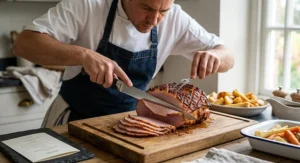 A chef using a precision ham slicer knife to carve a honey glazed ham for Sunday dinner