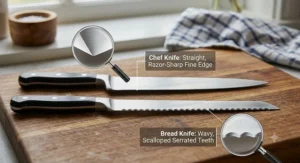 A close-up diagram comparing the straight, razor-sharp edge of a chef knife with the wavy, scalloped teeth of a classic serrated bread knife.