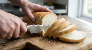 Chef using a sharp serrated bread knife to cut smooth slices of a soft white sandwich loaf without crushing it.