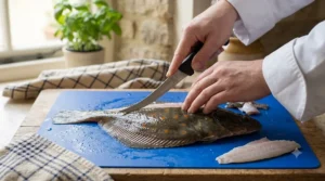 A professional chef using a flexible filleting knife to prepare a whole British flatfish like plaice on a blue prep mat.