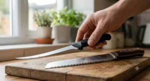 Side-by-side view of a specialized fish filleting knife and a traditional serrated bread knife detailing their different edge profiles.