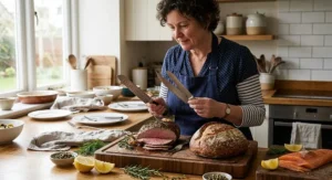 Chef holding a slicing knife, carving knife, and serrated bread knife whilst preparing ingredients for a dinner party