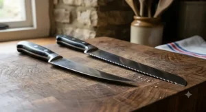 Side by side comparison of a stainless steel stiff boning knife and a long serrated bread knife.