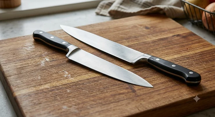 A side-by-side size comparison of an 8-inch and a 10-inch chef knife on a wooden chopping board, showing the difference in blade length for British home cooks. 8 inch vs 10 inch chef knife