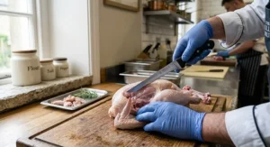 Close up of a cook using the best boning knife to carefully remove bones from a whole chicken.