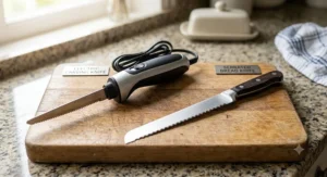 Side by side visual comparison of a mains electric carving knife and a classic manual serrated bread knife.