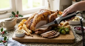 Electric carving knife neatly carving a golden roast turkey for a traditional British Christmas dinner.