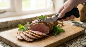 Cordless electric carving knife slicing a roast leg of lamb garnished with fresh mint and rosemary.