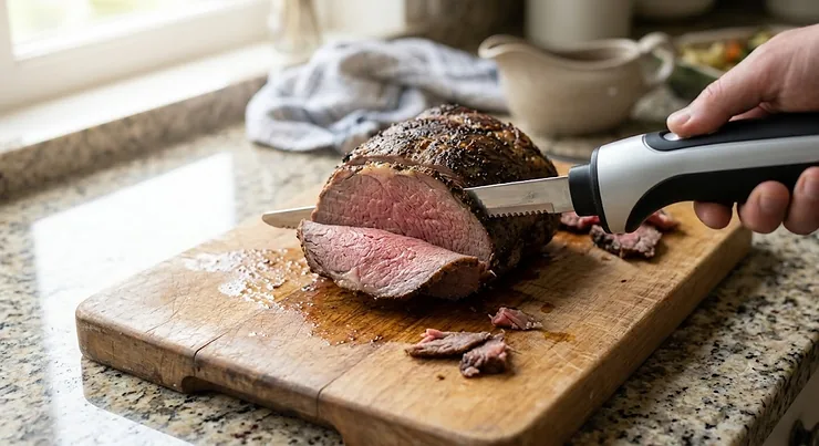Electric carving knife effortlessly slicing thin portions from a British Sunday roast beef joint on a wooden board.
