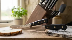 The comfortable ergonomic handles of a flexible filleting knife and a serrated bread knife resting on a kitchen worktop.