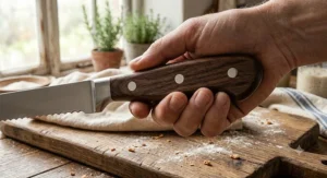 Close up of the ergonomic wooden handle on the best bread knife, providing a comfortable and secure grip for slicing.