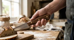 Ergonomic wooden handle of a top-rated serrated bread knife being held by a baker.