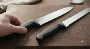 Close-up view of comfortable ergonomic handles on a professional brisket slicing knife and a serrated bread knife.