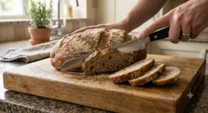 Ergonomic serrated bread knife cutting neat slices from a traditional crusty cob loaf