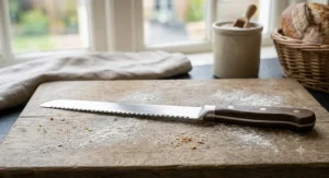 An ergonomic serrated bread knife with a wooden handle resting on a flour-dusted chopping board